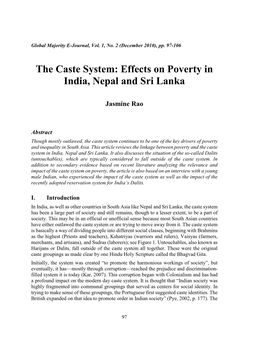 The Caste System: Effects on Poverty in India, Nepal and Sri Lanka
