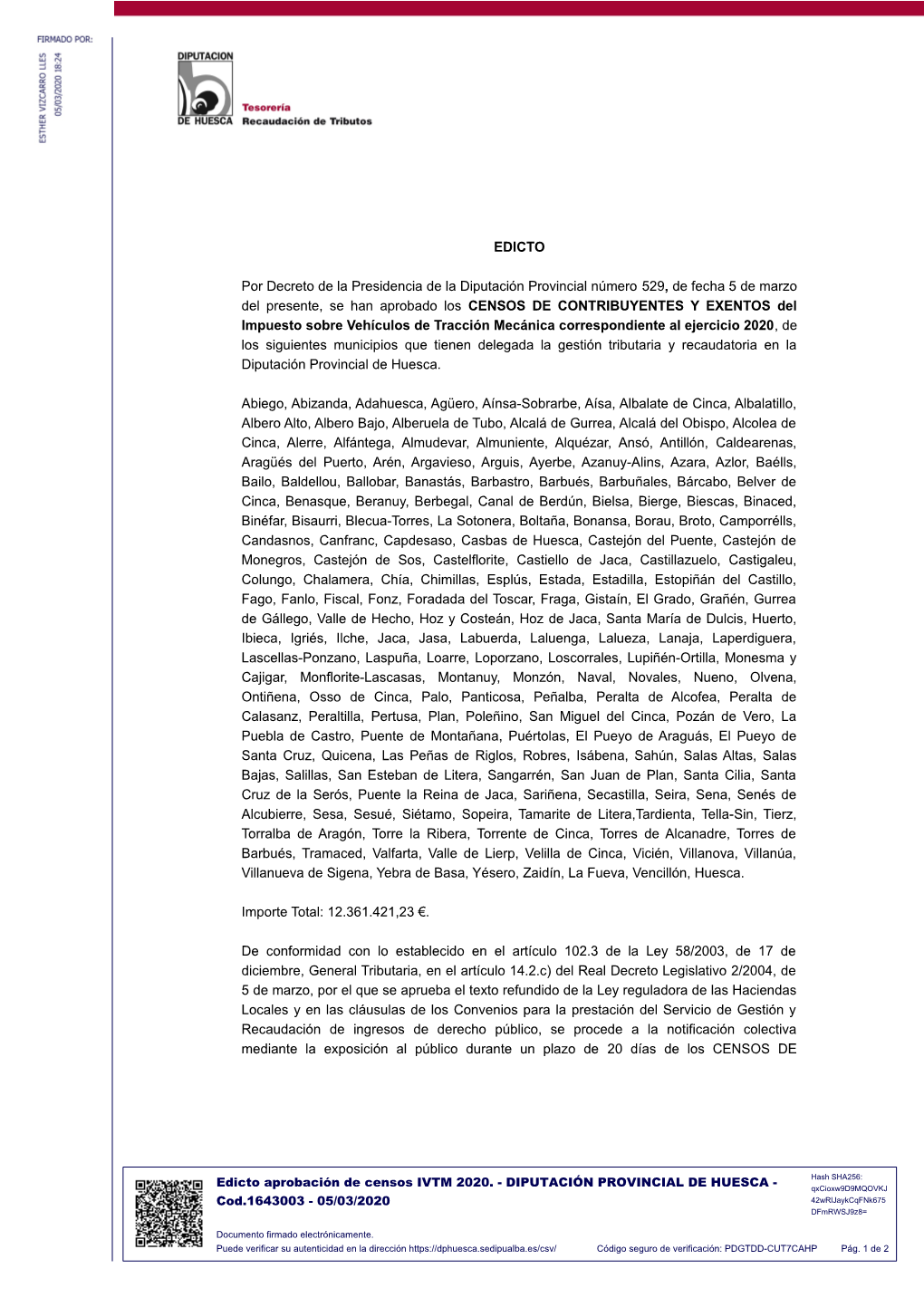 Edicto Aprobación De Censos IVTM 2020. - DIPUTACIÓN PROVINCIAL DE HUESCA - Qxcioxw9d9mqovkj Cod.1643003 - 05/03/2020 42Wrljaykcqfnk675 Dfmrwsj9z8=