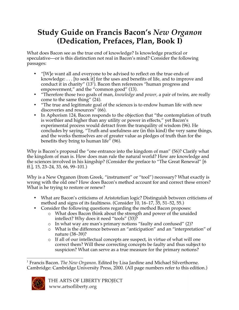 Study Guide on Francis Bacon's New Organon (Dedication, Prefaces, Plan, Book I)