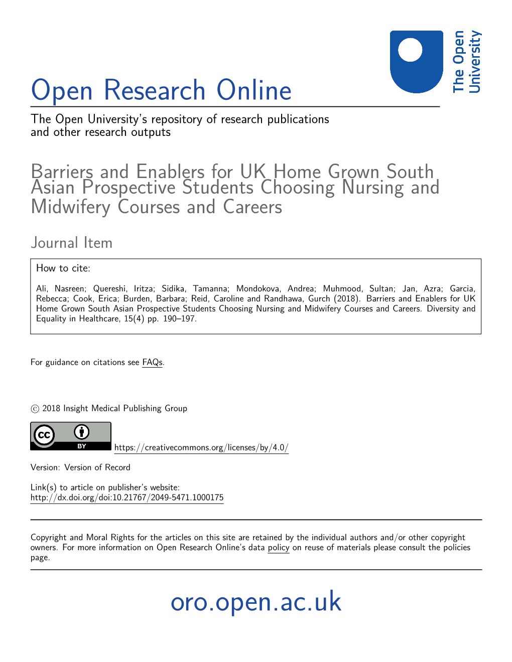 Barriers and Enablers for UK Home Grown South Asian Prospective Students Choosing Nursing and Midwifery Courses and Careers