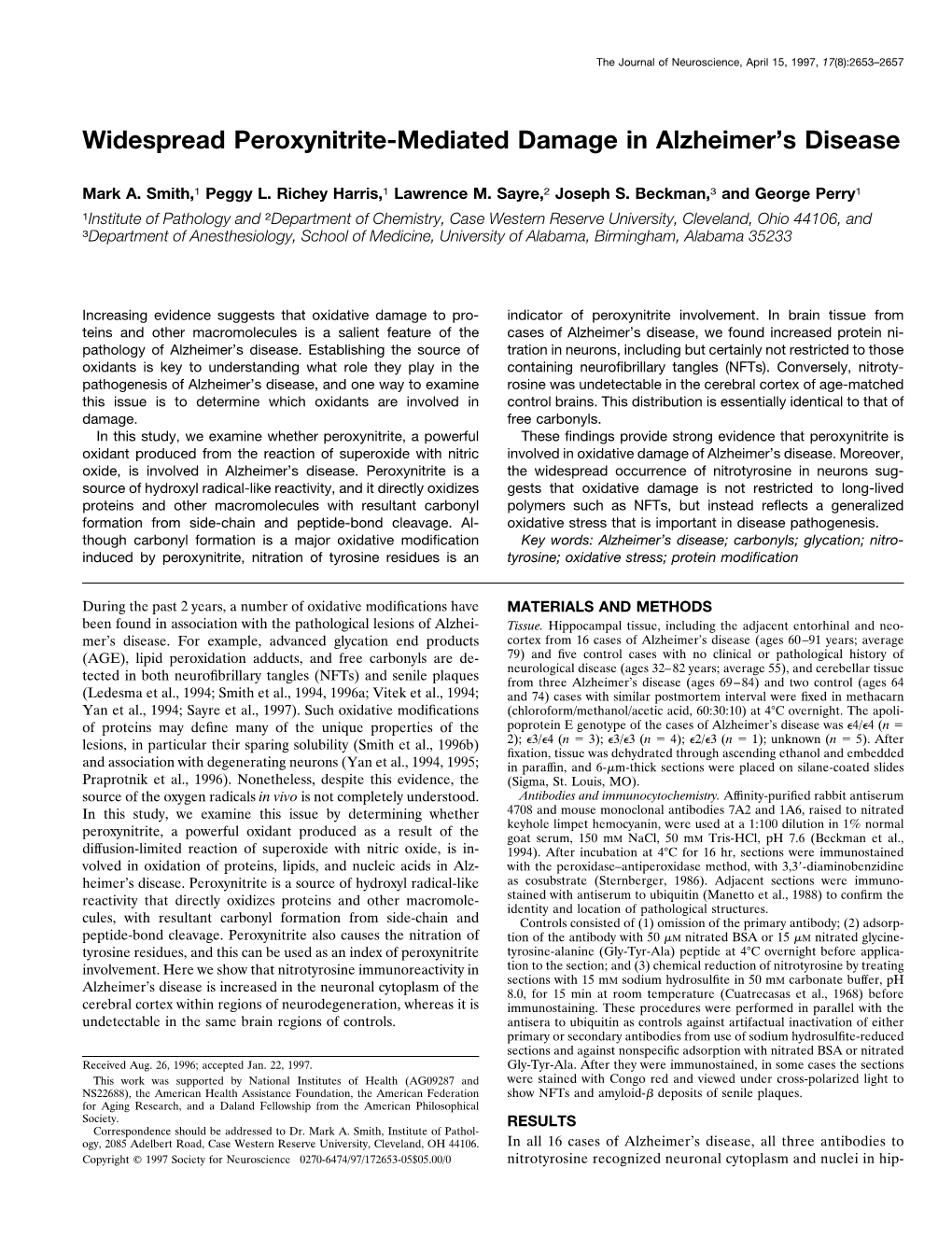 Widespread Peroxynitrite-Mediated Damage in Alzheimer's Disease