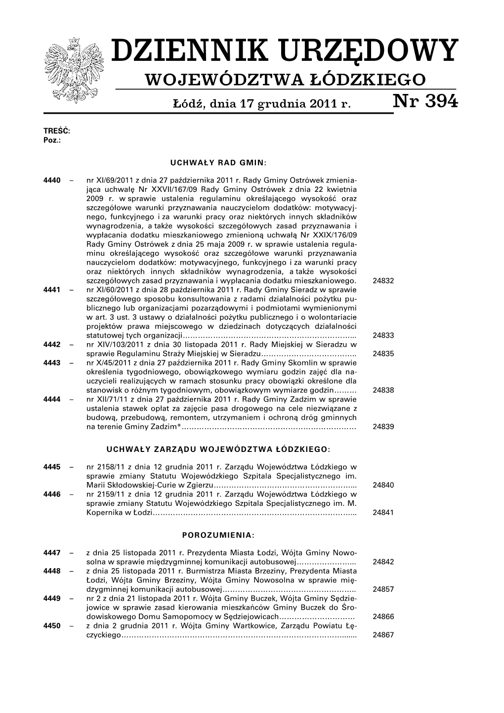 DZIENNIK URZĘDOWY WOJEWÓDZTWA ŁÓDZKIEGO Łódź, Dnia 17 Grudnia 2011 R