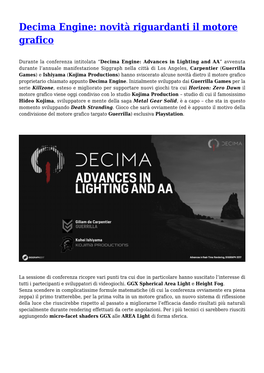 Decima Engine: Novità Riguardanti Il Motore Grafico