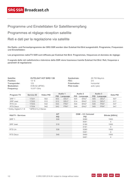 Programme Und Einstelldaten Für Satellitenempfang Programmes Et Réglage Réception Satellite Reti E Dati Per La Regolazione Via Satellite