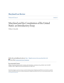 Maryland and the Constitution of the United States: an Introductory Essay William L