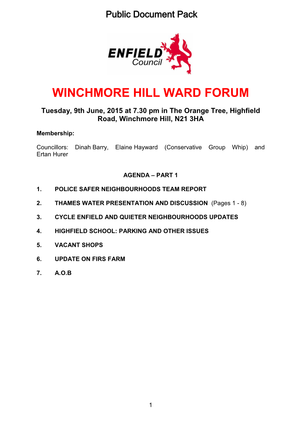 Agenda Document for Winchmore Hill Ward Forum, 09/06/2015 19:30