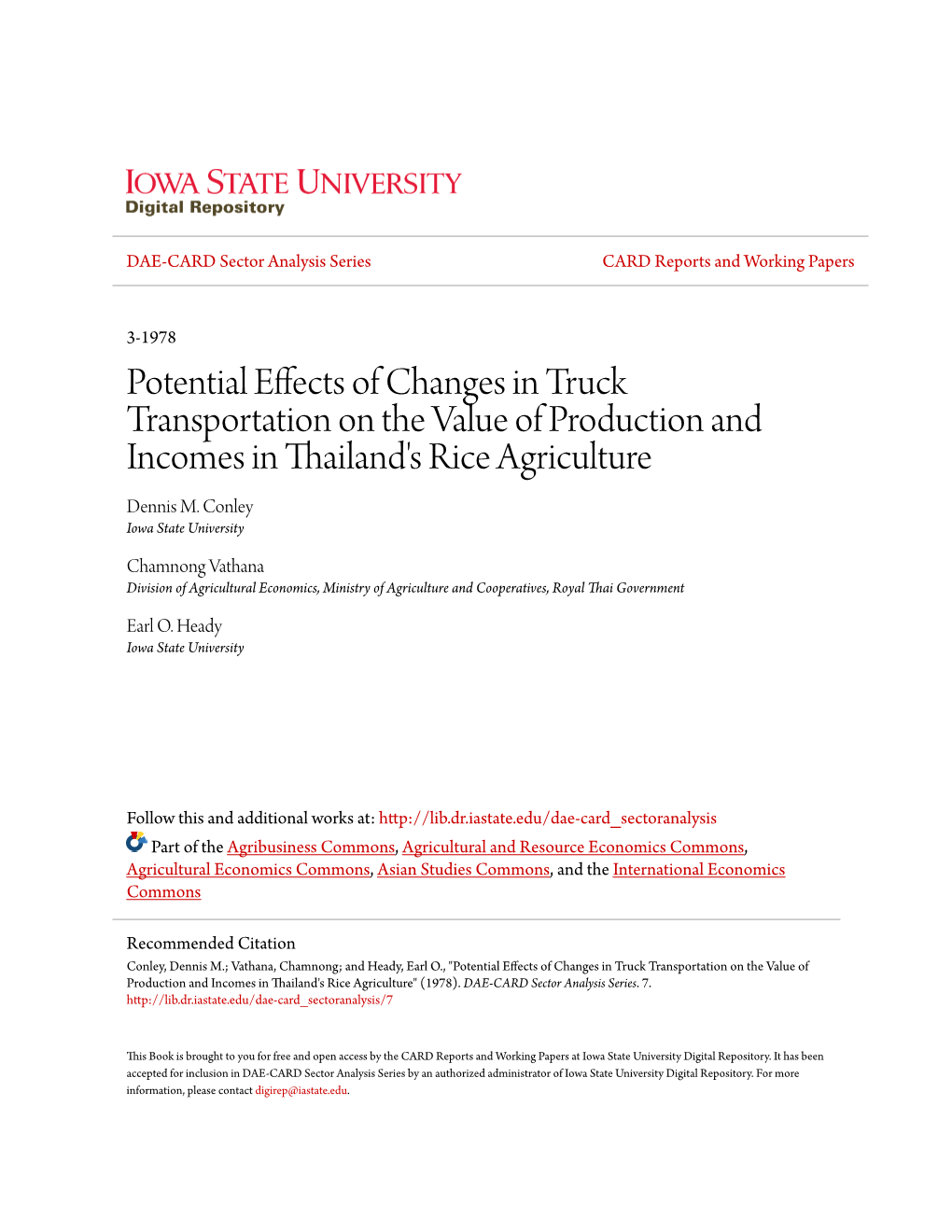 Potential Effects of Changes in Truck Transportation on the Value of Production and Incomes in Thailand's Rice Agriculture Dennis M