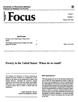 Poverty in the United States: Where Do We Stand? 1 the Reagan Administration's Budget Cuts: Their Impact on the Poor 13 ISSN: 0195-5705