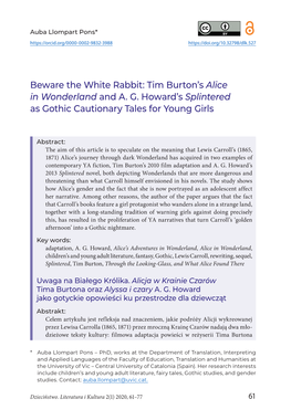 Beware the White Rabbit: Tim Burton's Alice in Wonderland and A