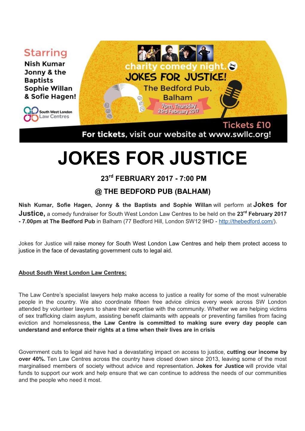 JOKES for JUSTICE 23Rd FEBRUARY 2017 - 7:00 PM @ the BEDFORD PUB (BALHAM)