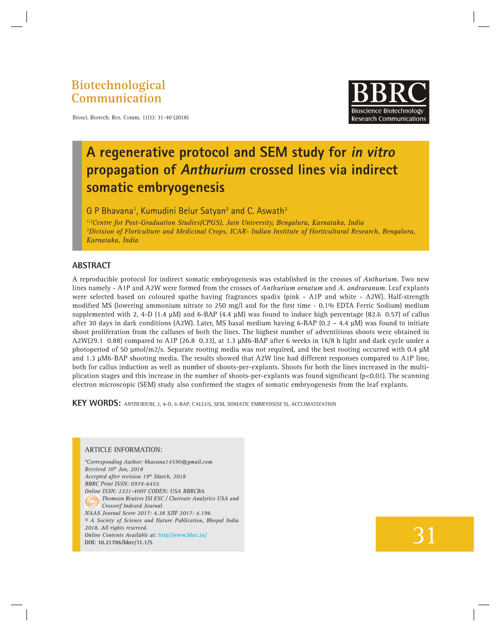 A Regenerative Protocol and SEM Study for in Vitro Propagation of Anthurium Crossed Lines Via Indirect Somatic Embryogenesis