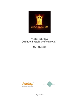 “Balaji Telefilms Q4 FY2018 Results Conference Call” May 21, 2018