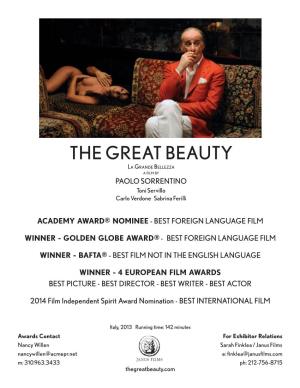 THE GREAT BEAUTY La Grande Bellezza a Film by PAOLO SORRENTINO Toni Servillo Carlo Verdone Sabrina Ferilli