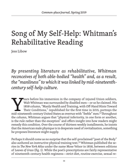 Song of My Self-Help: Whitman’S Rehabilitative Reading Jess Libow