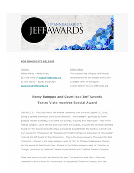 Remy Bumppo and Court Lead Jeff Awards Teatro Vista Receives Special Award