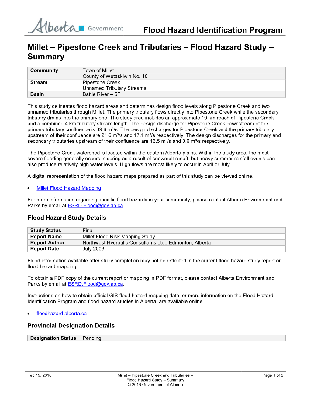 Millet – Pipestone Creek and Tributaries – Flood Hazard Study – Summary