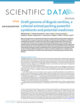 Draft Genome of Bugula Neritina, a Colonial Animal Packing Powerful Symbionts and Potential Medicines