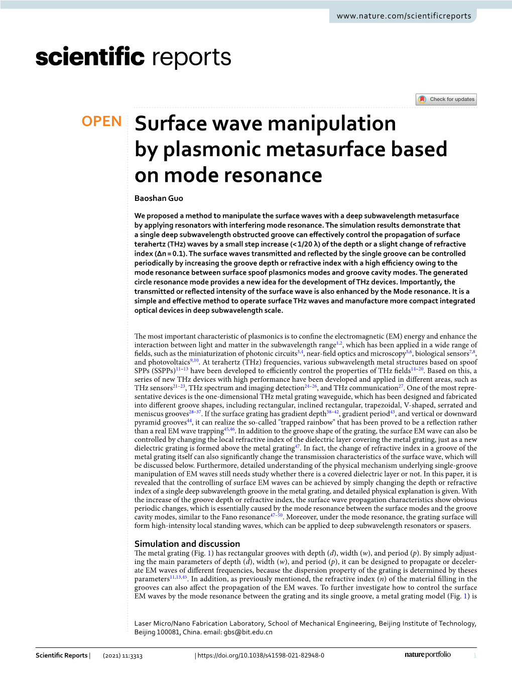 Surface Wave Manipulation by Plasmonic Metasurface Based on Mode Resonance Baoshan Guo