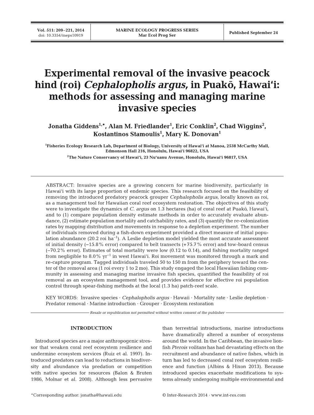 Experimental Removal of the Invasive Peacock Hind (Roi) Cephalopholis Argus, in Puako¯, Hawai‘I: Methods for Assessing and Managing Marine Invasive Species