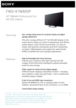 FWD-47W800P 47" BRAVIA Professional Full HD LED Display