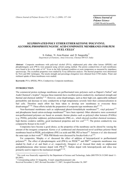 Sulphonated Poly Ether Ether Ketone/ Polyvinyl Alcohol/Phosphotungstic Acid Composite Membranes for Pem Fuel Cells*