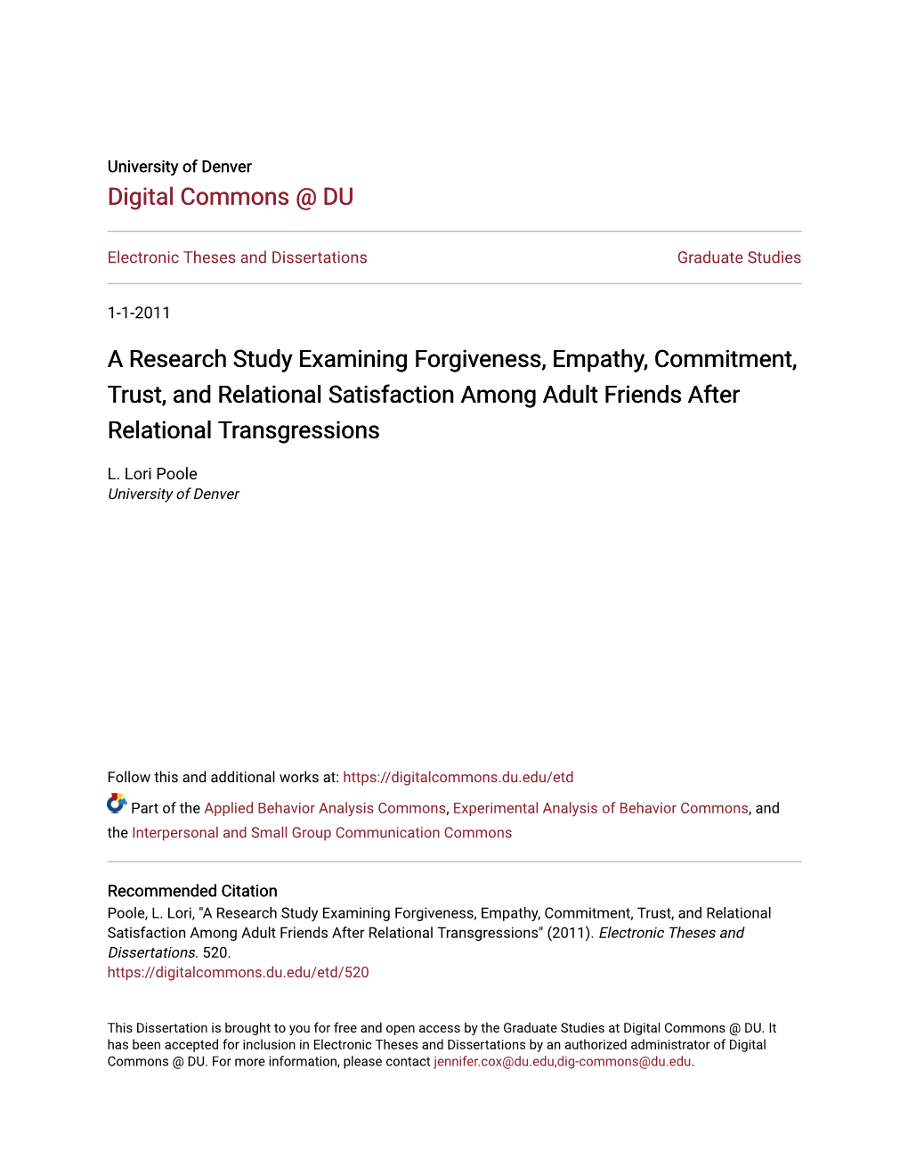 A Research Study Examining Forgiveness, Empathy, Commitment, Trust, and Relational Satisfaction Among Adult Friends After Relational Transgressions
