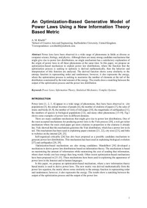 An Optimization-Based Generative Model of Power Laws Using a New Information Theory Based Metric