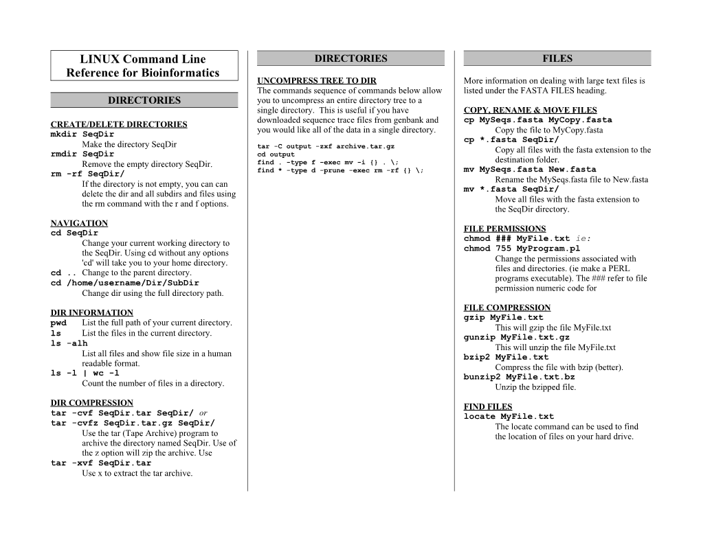 LINUX Command Line Reference for Bioinformatics