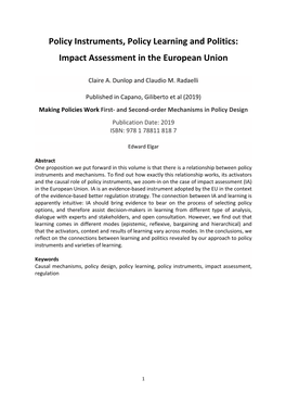 Policy Instruments, Policy Learning and Politics: Impact Assessment in the European Union