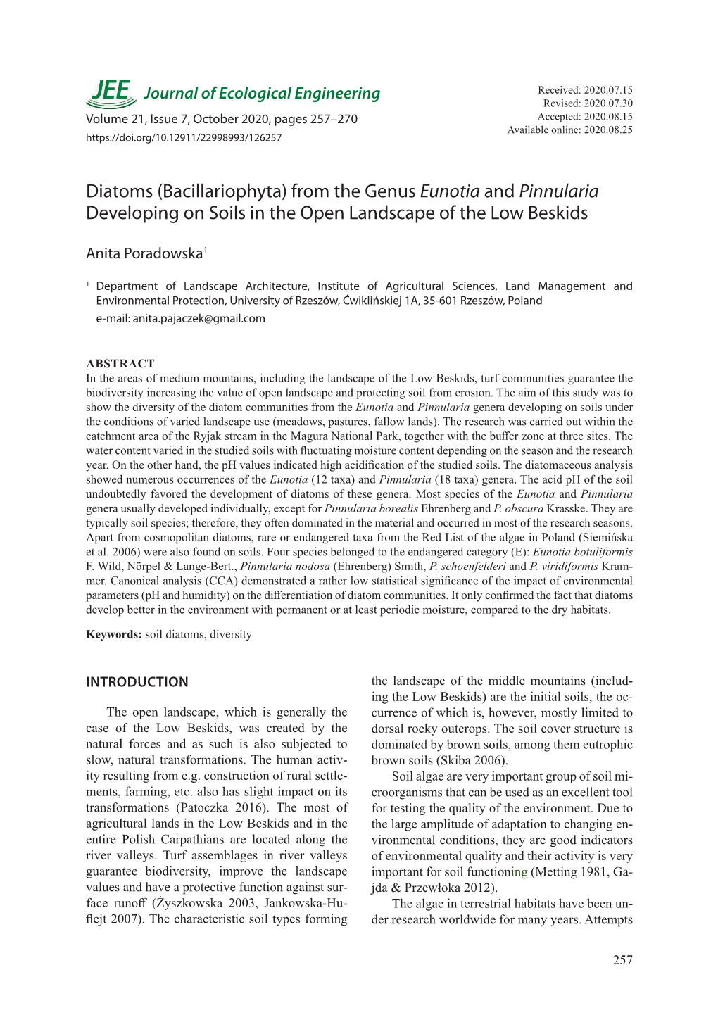 Diatoms (Bacillariophyta) from the Genus Eunotia and Pinnularia Developing on Soils in the Open Landscape of the Low Beskids