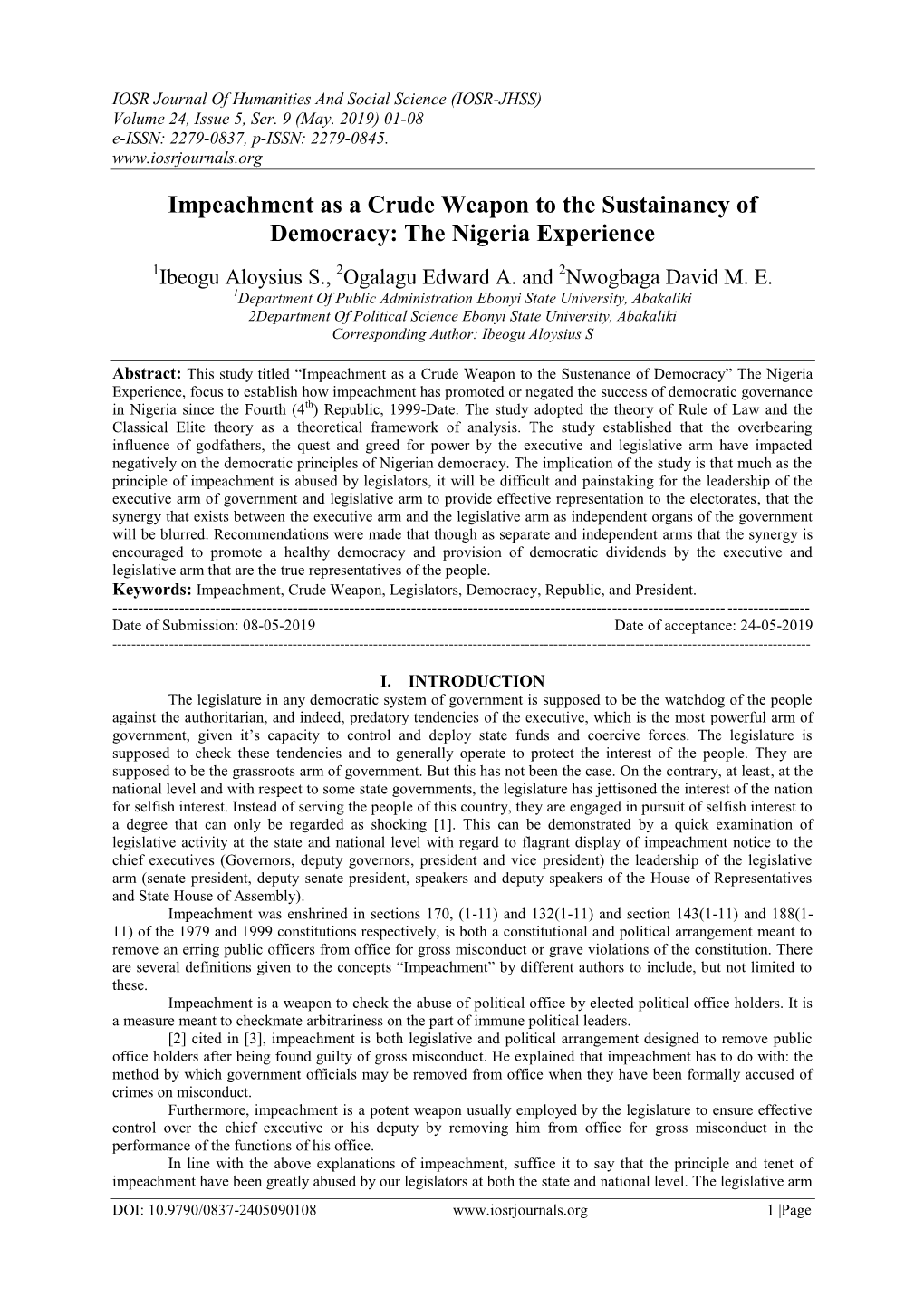 Impeachment As a Crude Weapon to the Sustainancy of Democracy: the Nigeria Experience