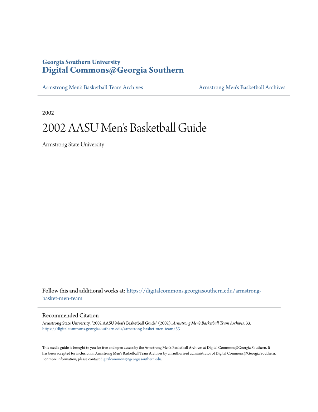 2002 AASU Men's Basketball Guide Armstrong State University