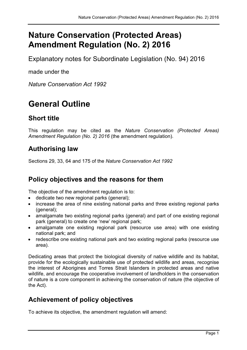 Nature Conservation (Protected Areas) Amendment Regulation (No