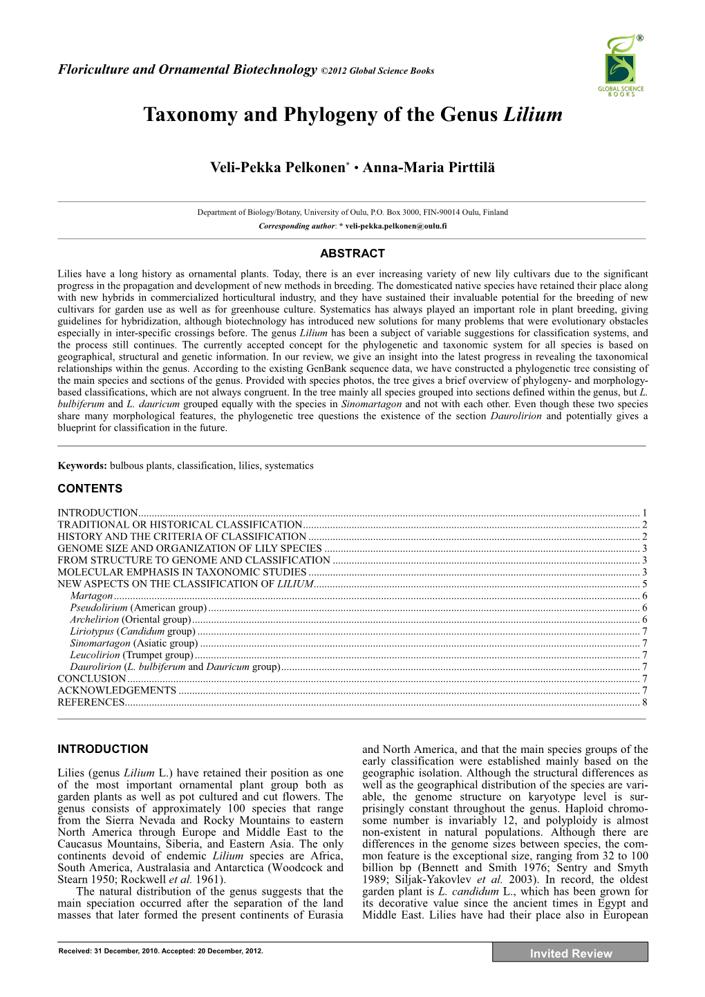 Taxonomy and Phylogeny of the Genus Lilium