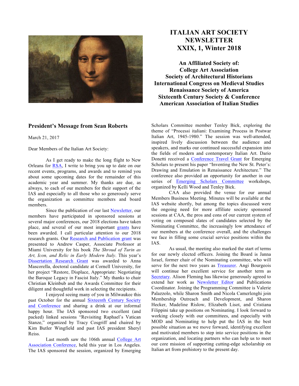 ITALIAN ART SOCIETY NEWSLETTER XXIX, 1, Winter 2018