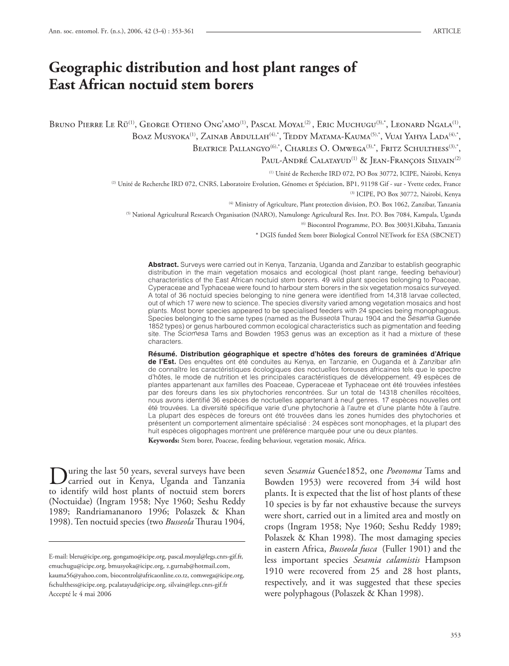 Geographic Distribution and Host Plant Ranges of East African Noctuid Stem Borers