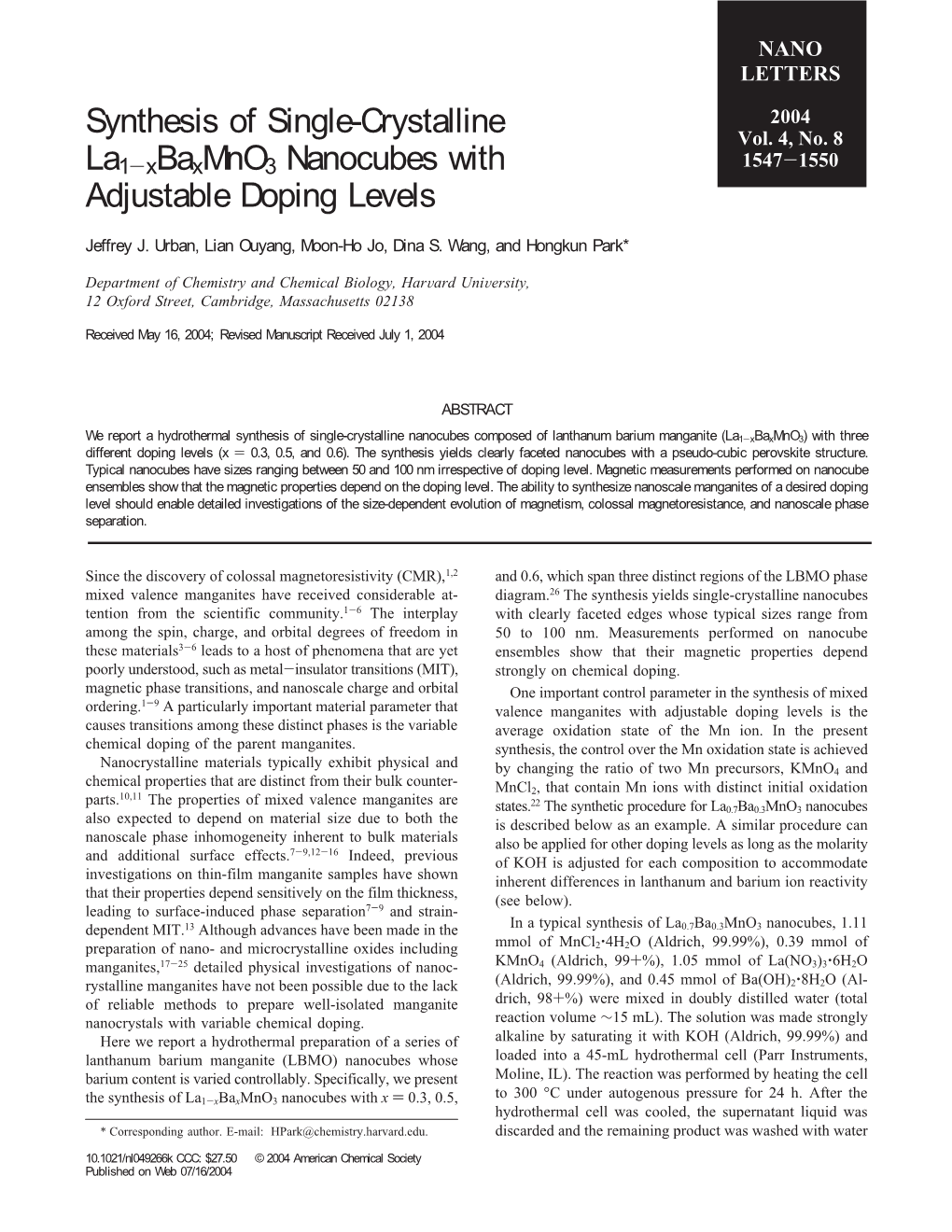 Synthesis of Single-Crystalline La1-Xbaxmno3 Nanocubes With