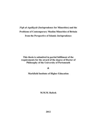 Fiqh Al-Aqalliyyāt (Jurisprudence for Minorities) and the Problems of Contemporary Muslim Minorities of Britain from the Perspective of Islamic Jurisprudence