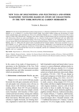 New Taxa of Solenostoma and Plectocolea and Other Taxonomic Novelties Based on Study of Collections in the New York Botanical Garden Herbarium