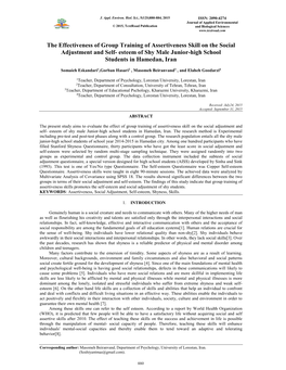 The Effectiveness of Group Training of Assertiveness Skill on the Social Adjustment and Self- Esteem of Shy Male Junior-High School Students in Hamedan, Iran