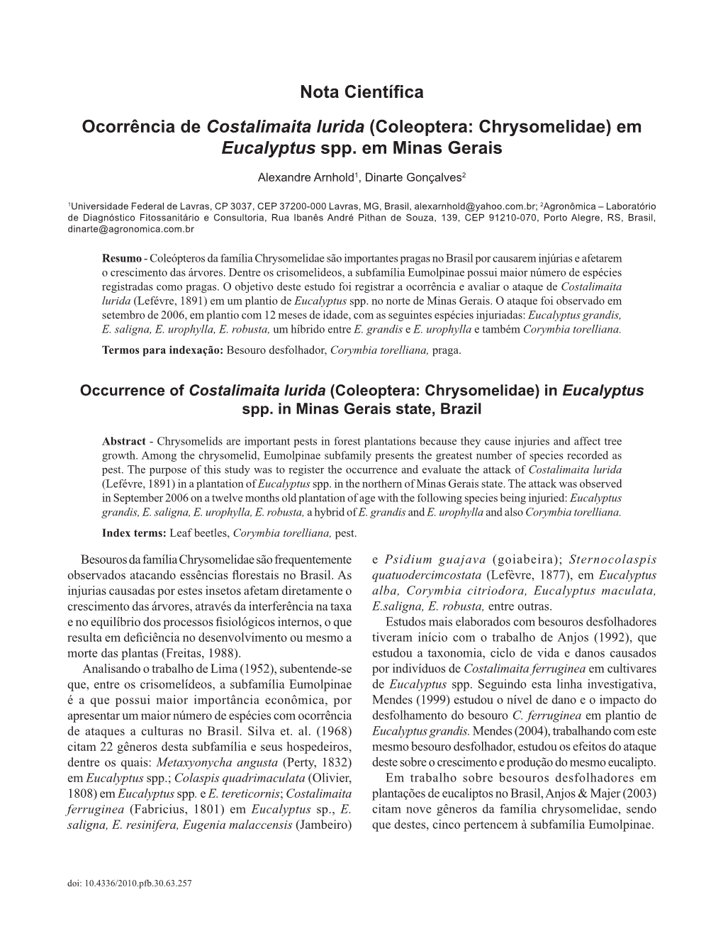 Nota Científica Ocorrência De Costalimaita Lurida (Coleoptera: Chrysomelidae) Em Eucalyptus Spp. Em Minas Gerais