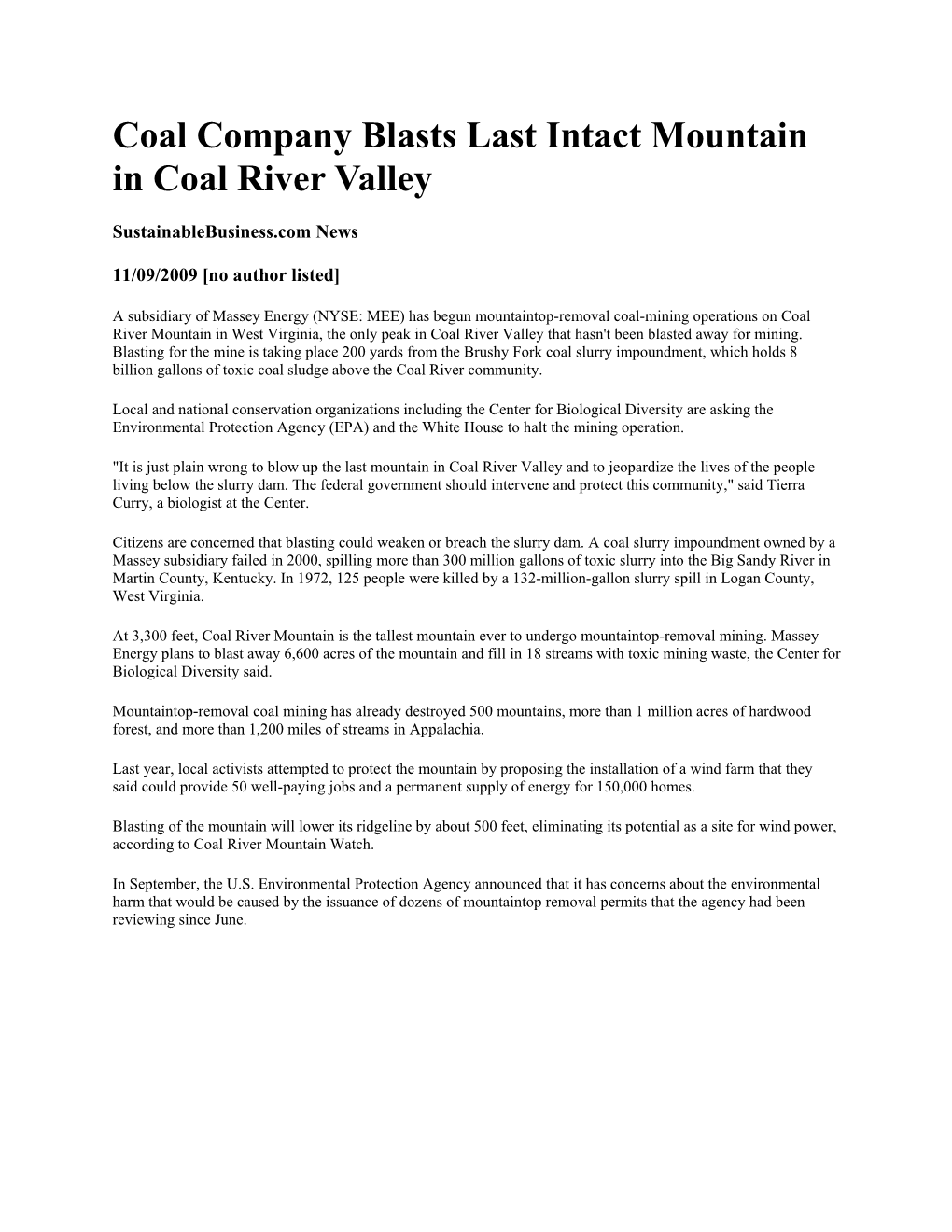 Coal Company Blasts Last Intact Mountain in Coal River Valley