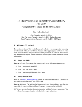 15-122: Principles of Imperative Computation, Fall 2010 Assignment 6: Trees and Secret Codes