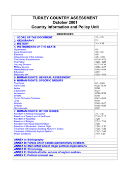 TURKEY COUNTRY ASSESSMENT October 2001 Country Information and Policy Unit