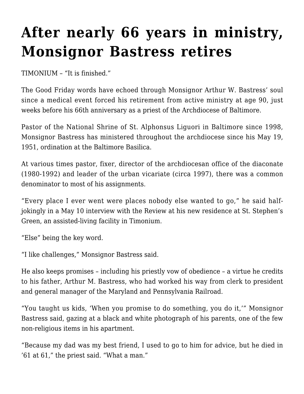 After Nearly 66 Years in Ministry, Monsignor Bastress Retires