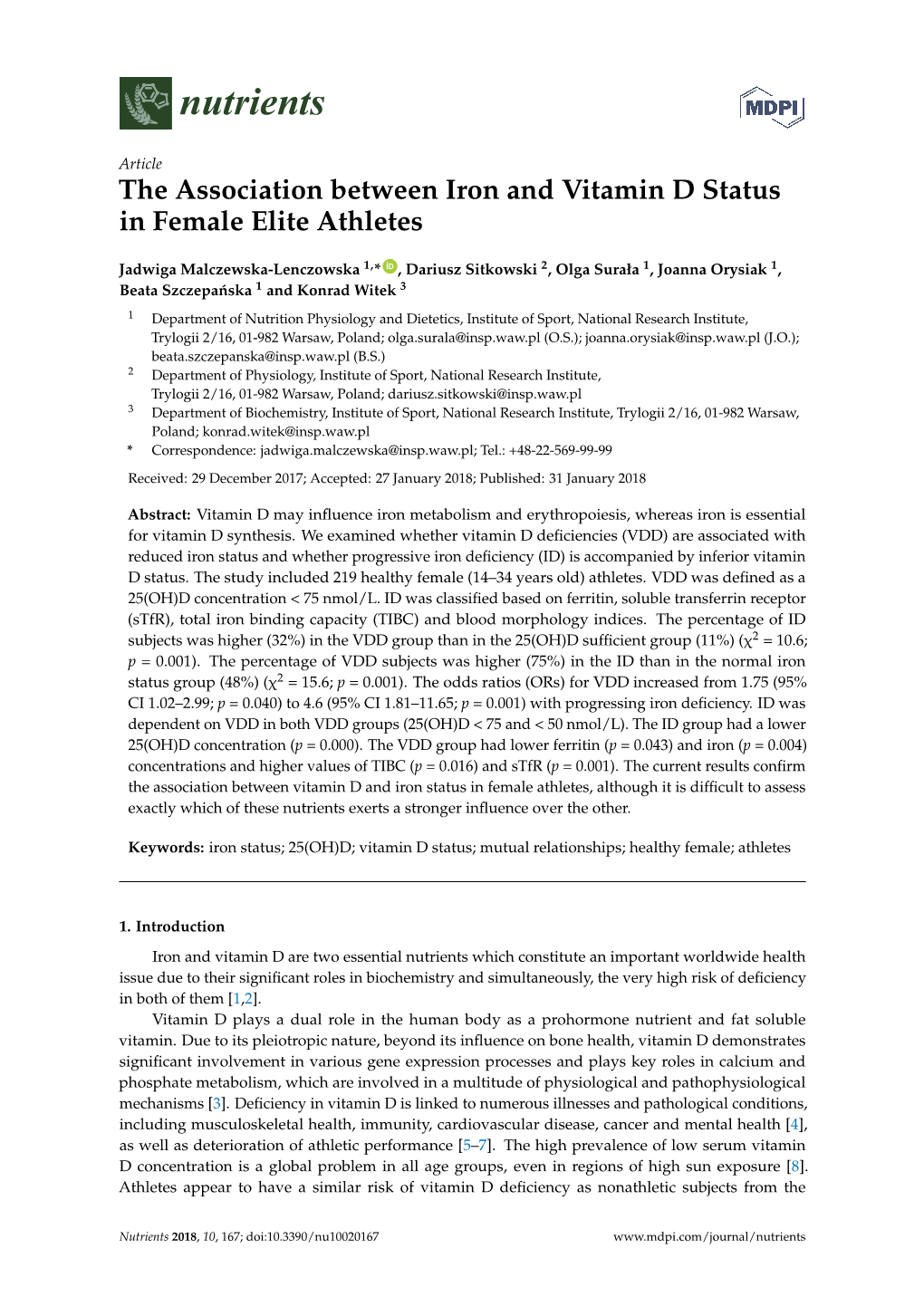 The Association Between Iron and Vitamin D Status in Female Elite Athletes