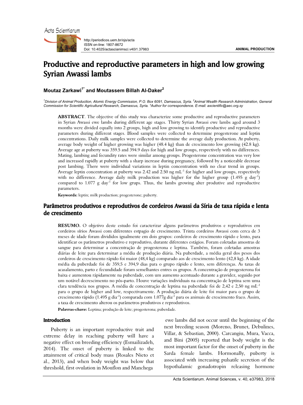 Productive and Reproductive Parameters in High and Low Growing Syrian Awassi Lambs