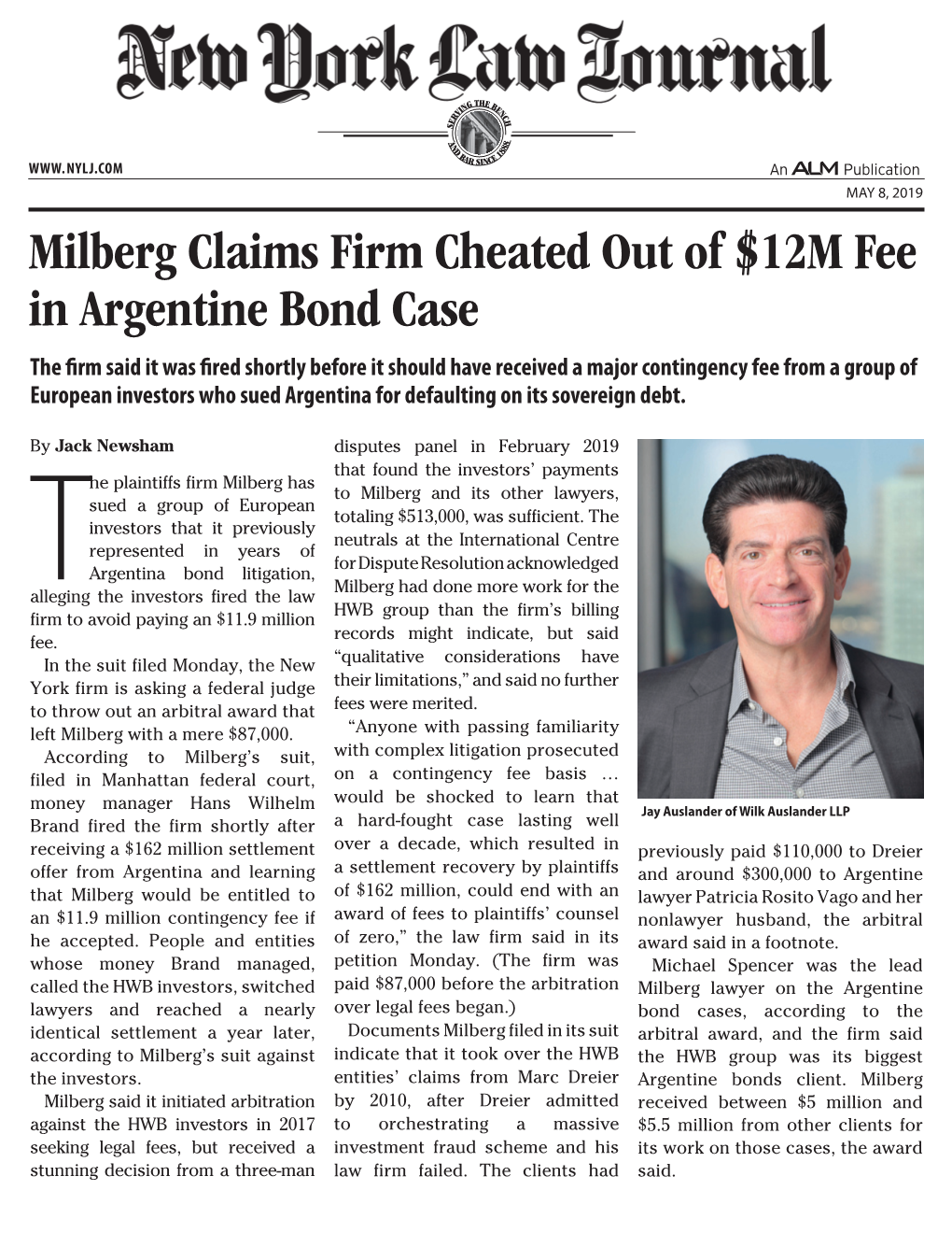 Milberg Claims Firm Cheated out of $12M Fee in Argentine Bond Case