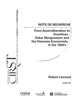 Oskar Morgenstern and the Viennese Economists in the 1930’S Abstract