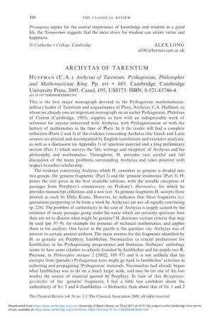 (CA) Huffman Archytas of Tarentum. Pythagorean, Philosopher And